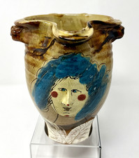 La Tuile A Loup Paris Pottery Lady Pitcher French Folk Art Signed 6.25”