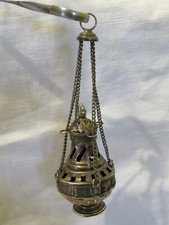 < MINIATURE SOLID SILVER CENSER BOTOFUMEIRO SPANISH WORK COMPOSTELLE