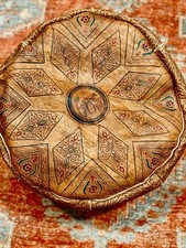 MOROCCAN Hand -Tooled Leather POUF/Ottoman Tan  Round Boho Footstool EUC