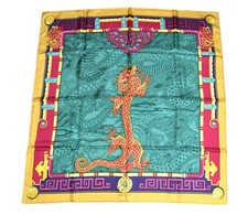 must de Cartier Scarf LE DRAGON MYSTERIEUX Silk 87 cm Green Shawl Foulard YA15