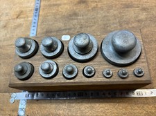 No. 3 tools series box of 11 antique iron weights Roberval scale.
