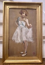 Dessin Gouache XXe Cadre Bois Doré - Femme En Blanc - Cachet Circa 1950 France