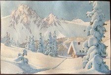 Alpine-mountain landscape, snow, superb unsigned watercolor, (containment?)