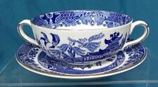 Burleigh Ware Old Willow Années 1930 - Soupe Coup Et Soucoupe Bleue Et Blanche
