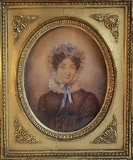 Portrait d’aristocrate – Gouache sur papier 1830  - Signé A. Lamy – Cadre doré