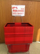  SHOPPING BASKETS "JUMBO SIZE" SET OF 12 WITH STAND/SIGN RED