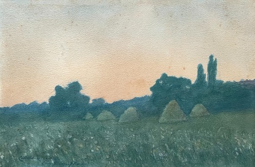 Meules foin aquarelle - aquarelle, fin
