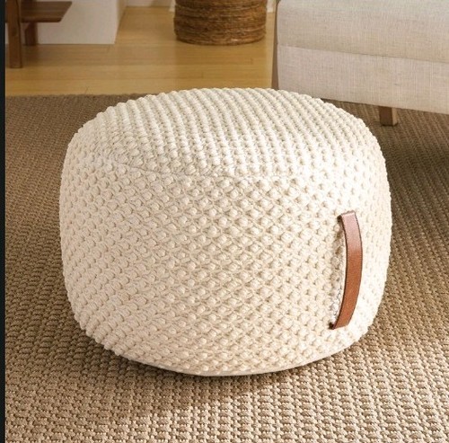 Ivory knitted round pouf - ivory,