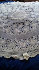 ANTIQUE WHITE COTTON CROCHET HAND EMBROIDERY LACE LINEN ROUND TABLECLOTH
