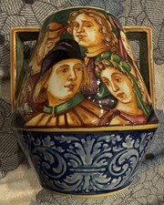 Antique Angelo Minghetti Bologna Italy Hand Painted Vase With Handles Portraits