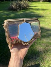 Large Beveled Glass & Gilded Brass Jewelry Box 19th Century Antique Box