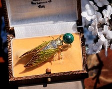 Broche & Pendentif Doré Insecte Cigale Perle Malachite Vert Vintage Style XZ16