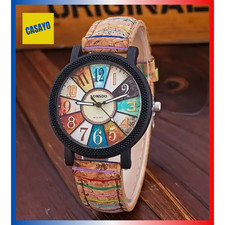 Belle Montre Femme Vintage -Motif Boisé - Bracelet effet Liège Multicolore 20 cm