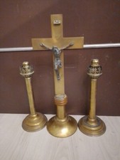 CRUCIFIX + PAIR CANDLE HOLDERS (H.30cm)A SYSTEM / BRONZE COPPER / CROSS H.45.5cm / 19th century