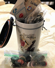VTG Lot of Sewing Buttons in VTG French Tin Can - Jardin de Paris Art - 6" Tall