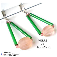 Boucles d'Oreille Dormeuse Verre de Murano Rose & Vert Neuves Faites en France