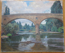 Constantin Font oil on canvas landscape Pont sur la Vézère signed 19th century HST