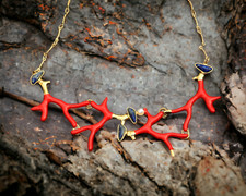 Collier Court Art Nouveau Email Branche de Corail Rouge Vintage Style QD16
