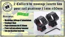 2 colliers de montage lunette bas picatinny 11mm diamètre 30mm