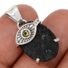 Evil Eye - Genuine Czech Moldavite & Black Tourmaline 925 Silver Pendant CP71455