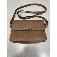 Gussaci Pebbled Faux Leather Crossbody Handbag. Brown With Gold Hardware