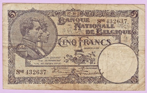 Francs belgique 1925 p - 5, francs,