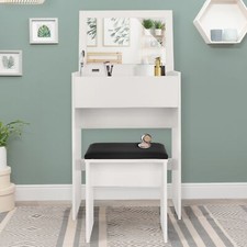 Coiffeuse blanc avec miroir pliable table de maquillage avec tabouret noir MDF