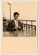 Portrait Young Man Sitting Table Terrace Coffee Landscape - Old Year Photo. 1960