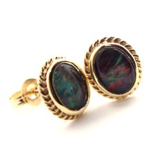 LARGE AUSTRALIAN BLACK OPAL TRIPLET RED 6x8mm SOLID 9K YELLOW GOLD EARRINGS
