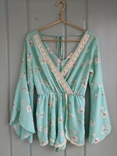 Bo Bel Womens Small Romper Green Floral Crochet Lace Bell Sleeves Floral Wrap