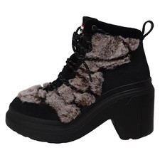 Auth HUNTER - Black Leather Chemical Fiber Fake Fur Women's Boots