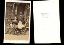 Ghémar, Brussels, couple & baby in their pram albumen print 6.5x9.5 