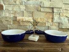 ✨2X VTG EMILE HENRY FRANCE 4" CERAMIC SAUCIER INDIVIDUAL FONDUE W/HANDLE BLUE✨