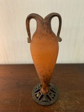 Epoque Art Deco Large Glass Paste Vase Wrought Iron Frame