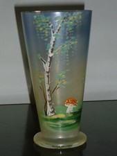 ANCIEN VERRE EN CRISTAL TEINTE DECOR ARBRE & CHAMPIGNON PEINT MAIN 13 CM