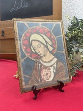 Icône Religieuse Ancienne Sous Verre – Papier et Tissu – Style Art Déco Vierge