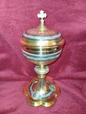SUPERBE Ciboire en vermeil et laiton doré/H.32cm/910gr/messe/vase sacré/croix