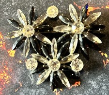 SPLENDIDE GROSSE BROCHE VINTAGE DE LUXE FLEURS NOIR TRANSPARENT 