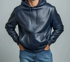 Veste en cuir bleu à capuche