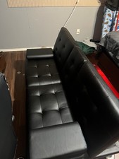 Faux Leather Sofa Bed Convertible Futon Sofa with 2 Throw Pillows Cup Holders