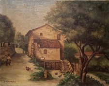 Huile sur Toile Paysanne Ferme Provençale Signée J. Gautero Vintage 1940-50