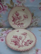 2 antique earthenware flat plates by GIEN hawthorn decor, dia. 23 cm ROSES