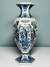 DELFT BOCH ROYAL SPHINX HEXAGONAL PEACOCK VASE, 12". EARLY 1960s. MINT CONDITION