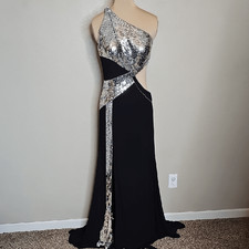 Sherri Hill One-Shoulder Cut Out Waist Black Silver Evening Gown Maxi Dress 14