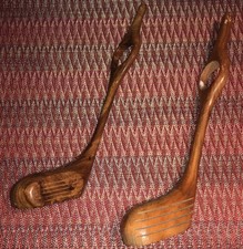 Two Multi Wood Golf Club Shaped Wine Bottle Holders Decor Novelty Man Cave