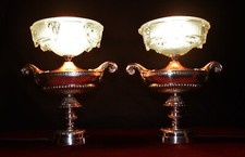 French Ezan Hand-Moulded Iridescent Shade & Aladdin Lamp Silver Plated 2-Handles