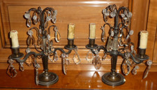 ANCIENNE PAIRE de GIRANDOLES en BRONZE à PAMPILLES à 2 FEUX