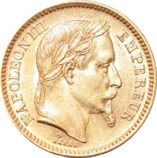 R1920 Rare France 20 Francs Napoléon III 1864 Petit BB Strasbourg Or Gold UNC