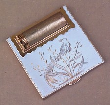 Ancienne MINAUDIÈRE décor d'OISEAU en métal doré art nouveau ? poudrier miroir