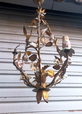 Rare lustre cage en fer forgé et céramique - années 1970 Vintage - A restaurer